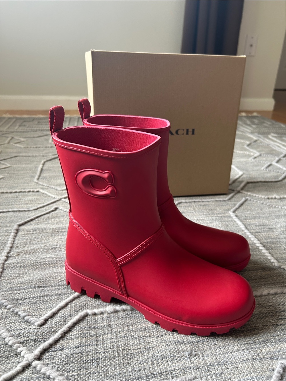 Coach Ryder Mid-Calf Ruby Red Rain Boots with Embossed C